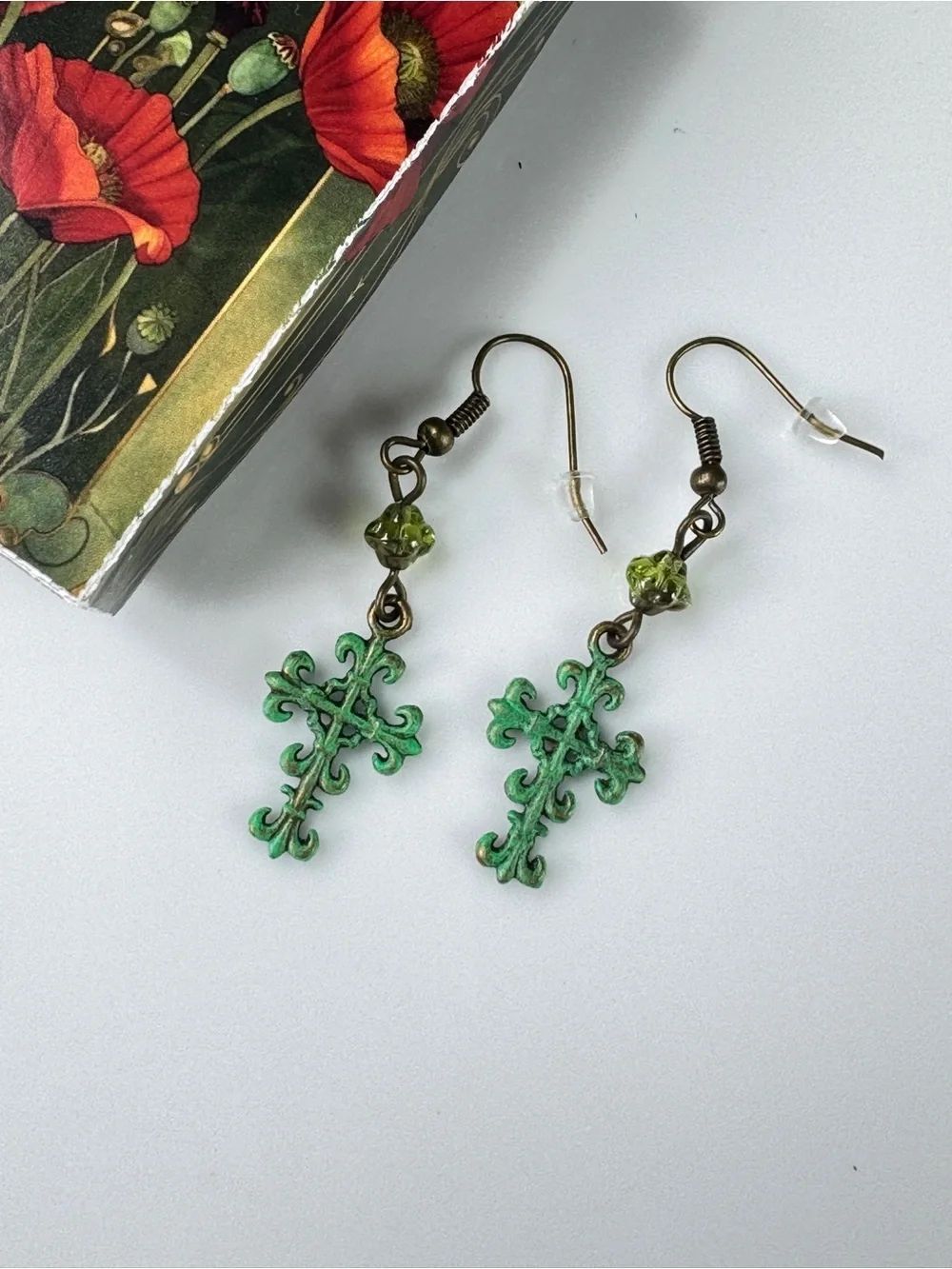 Vintage-Inspired Green Cross Dangle Earrings - Women Jewelry